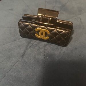 Black Quilted Hair Clip with Gold Emblem